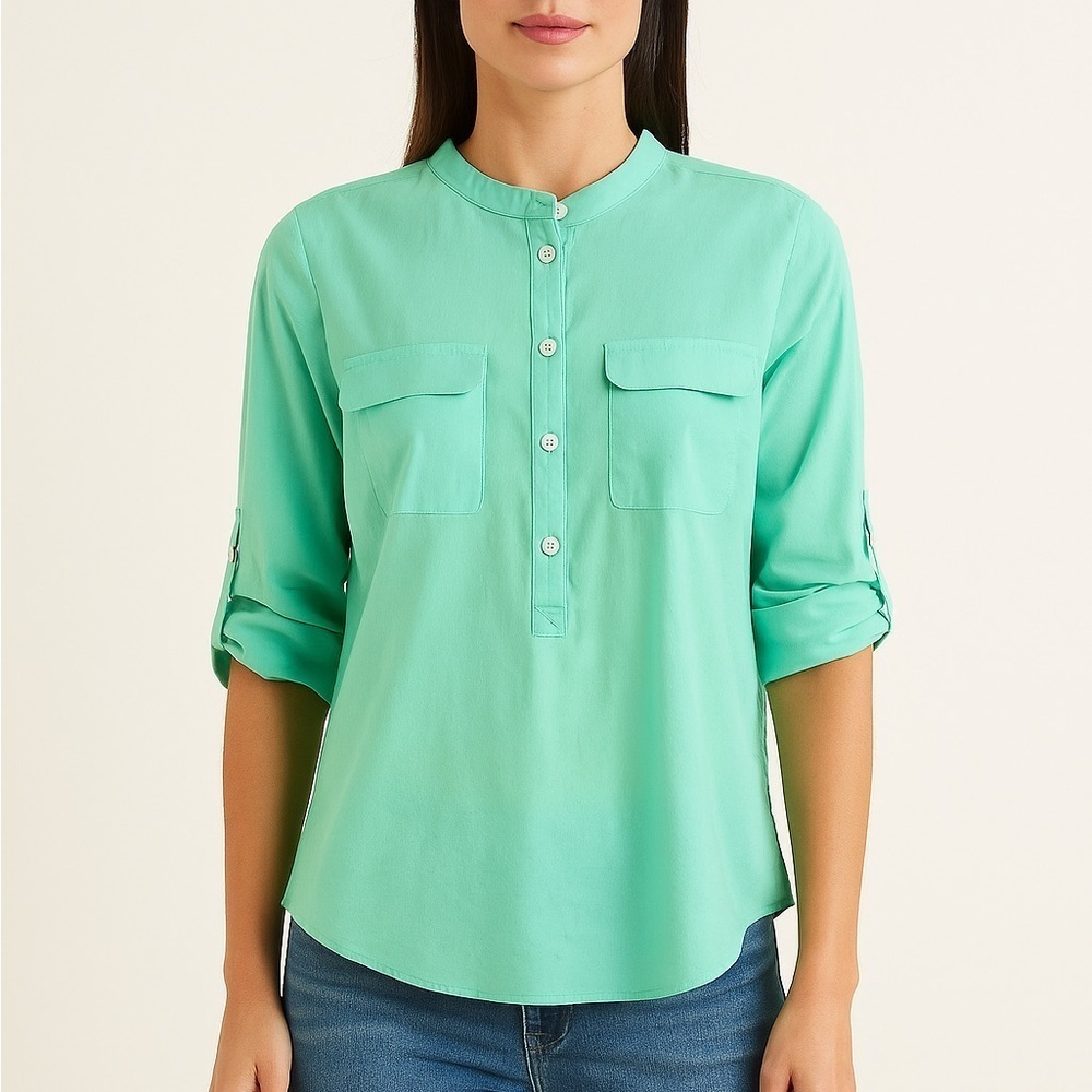 Ann Taylor Mint Green Utility Blouse Roll Tab Sleeves Mandarin Collar Top (1065)